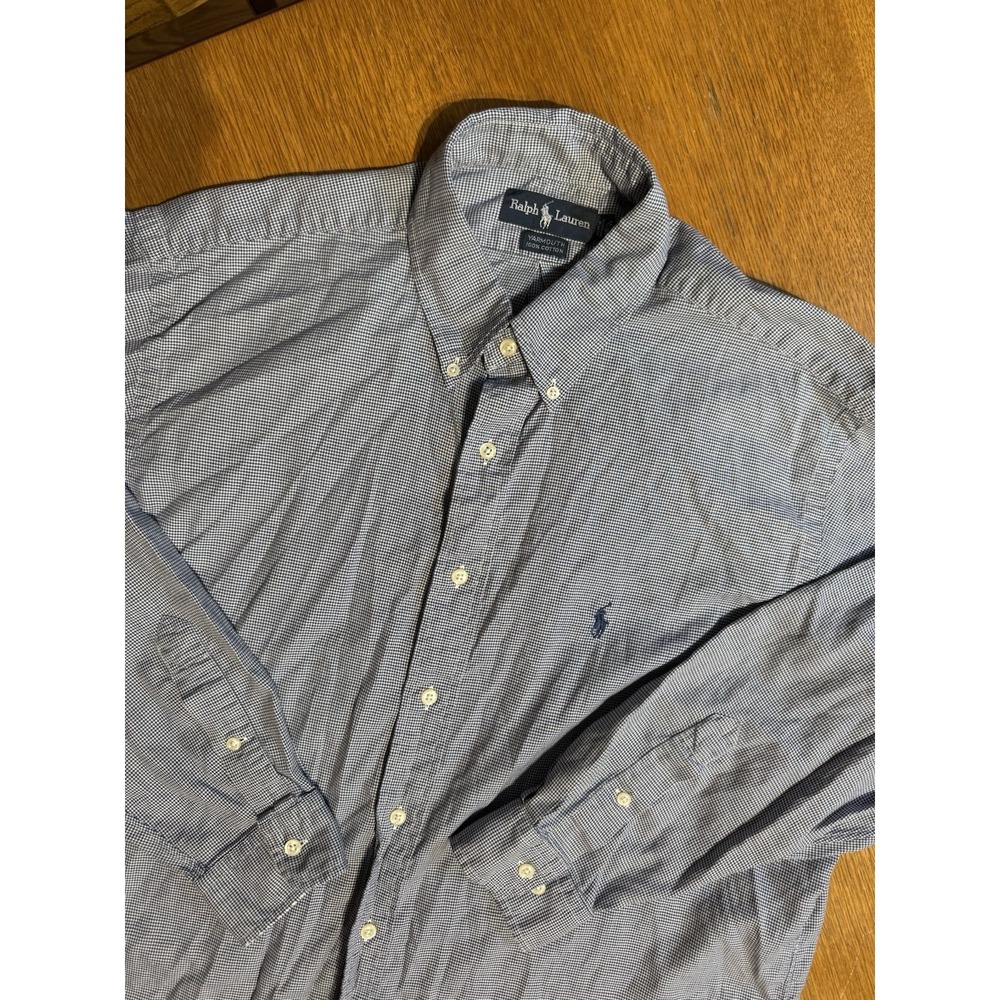 Ralph Lauren Yarmouth Shirt Mens 16.5 32/33 Blue Houndstooth Button‎ Cotton